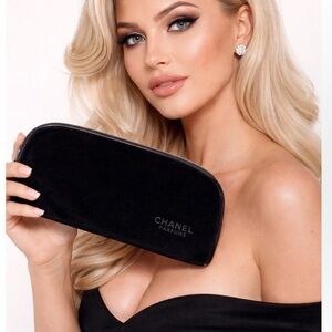 CHANEL Parfums Black Velvet Cosmetic Pouch Zip Bag Logo Interior